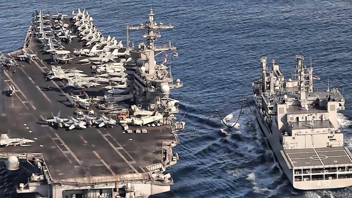 USS Carl Vinson Refuels At Sea • Aerial View