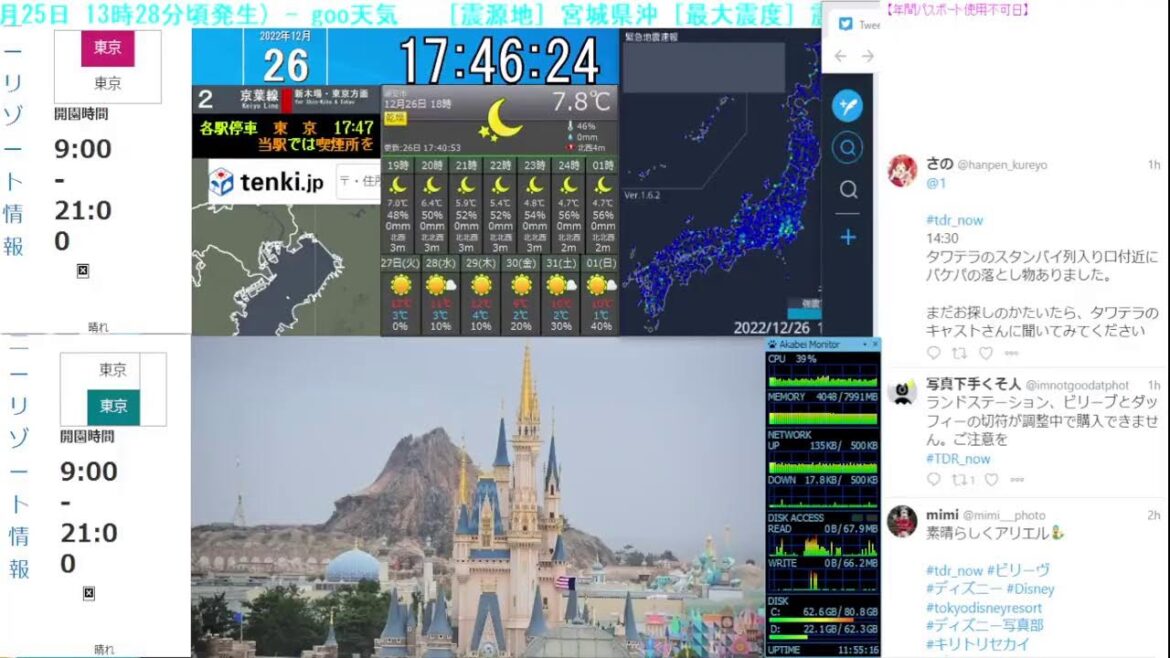 【 ディズニーライブカメラ  DisneyLiveCam 】 ディズニー・ライト・ザ・ナイト ライナイ 花火 舞浜 浦安 天気 地震 鉄道 飛行機 現地情報 ディズニーランド ディズニーシー