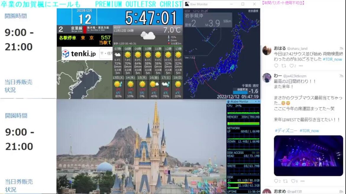 【 ディズニーライブカメラ  DisneyLiveCam 】 ディズニー・ライト・ザ・ナイト ライナイ 花火 舞浜 浦安 天気 地震 鉄道 飛行機 現地情報 ディズニーランド ディズニーシー
