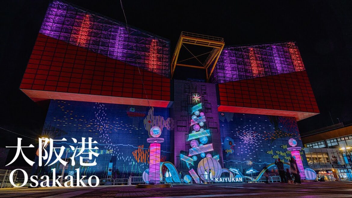 海遊館のイルミネーションと天保山大観覧車 Osaka Night Walk - Kaiyukan & Tempozan Ferris Wheel 4K HDR Japan