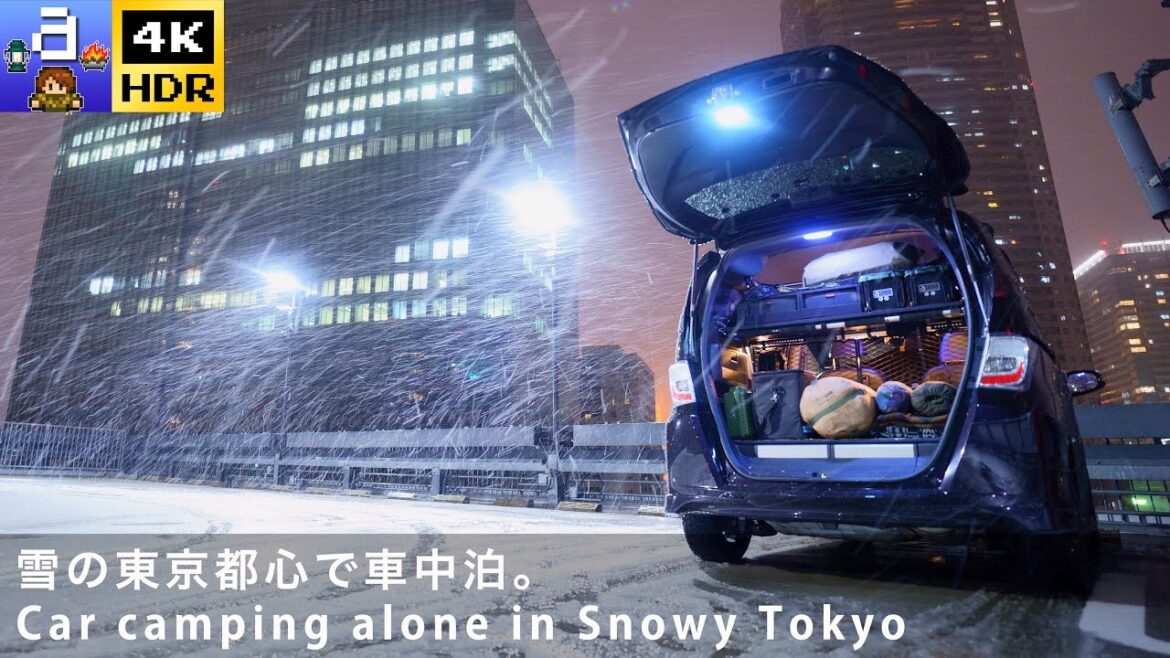 東京都心で仕事帰りに雪中車中泊。小さな秘密基地で過ごす静かな雪の夜。｜4KHDR｜#21