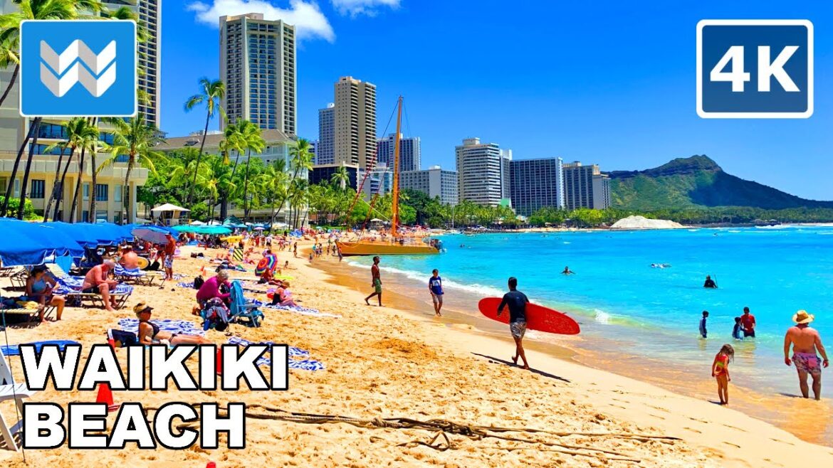 [4K] Waikiki Beach in Honolulu, Oahu Hawaii USA - Walking Tour & Travel Guide 🎧 Relaxing Ocean Waves