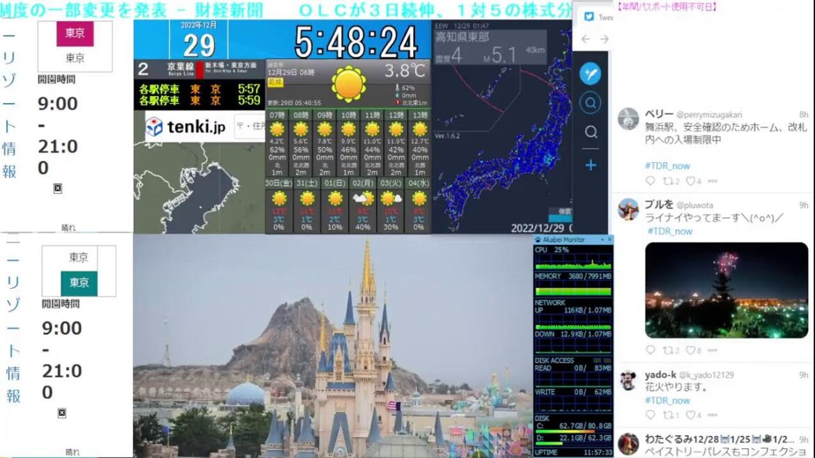【 ディズニーライブカメラ  DisneyLiveCam 】 ディズニー・ライト・ザ・ナイト ライナイ 花火 舞浜 浦安 天気 地震 鉄道 飛行機 現地情報 ディズニーランド ディズニーシー