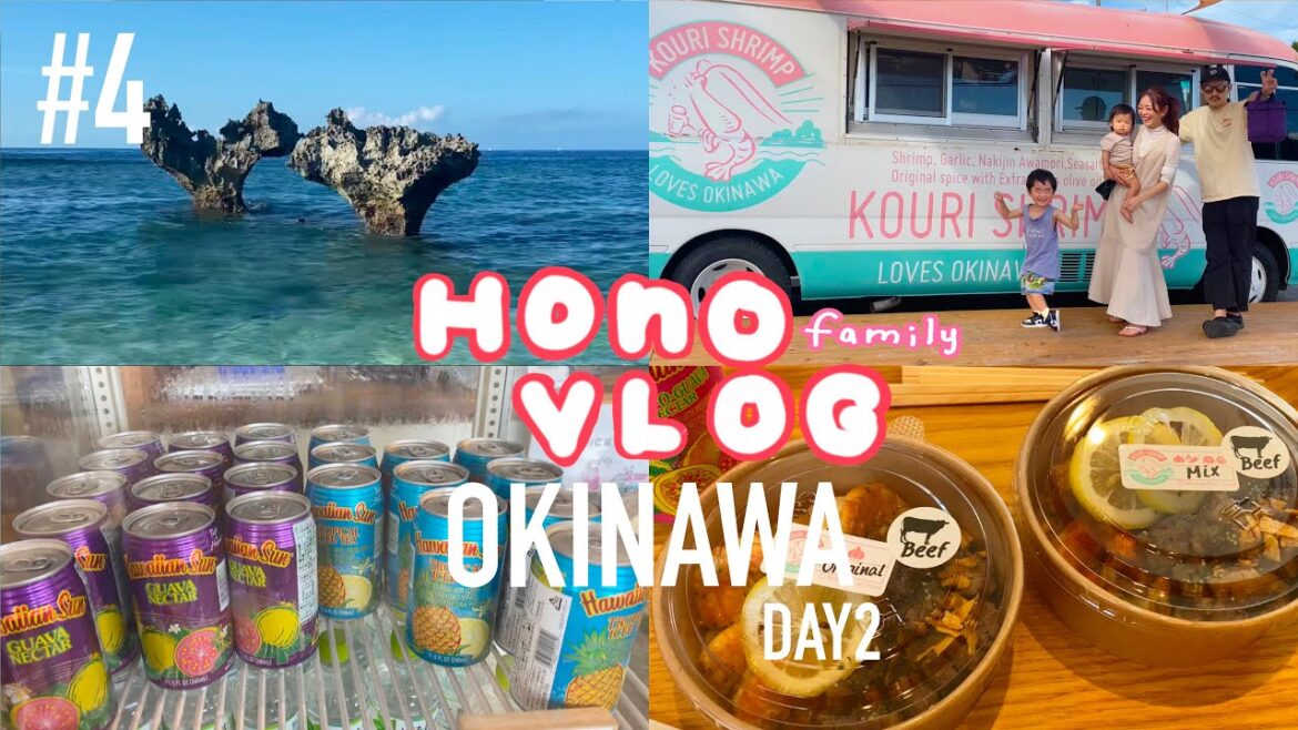 【沖縄vlog】初冬の子連れ沖縄旅行🏝Day2#4 古宇利島で有名なガーリックシュリンプ🧄🦐🍹ハートロックで子供達大はしゃぎ💗🪨ホテルで自炊ご飯🍲🤍［4K［ENG［KOR