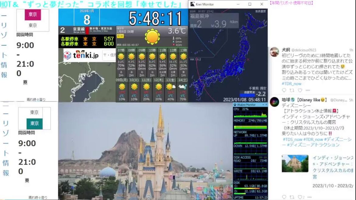 【 ディズニーライブカメラ  DisneyLiveCam 】 ディズニー・ライト・ザ・ナイト ライナイ 花火 舞浜 浦安 天気 地震 鉄道 飛行機 現地情報 ディズニーランド ディズニーシー