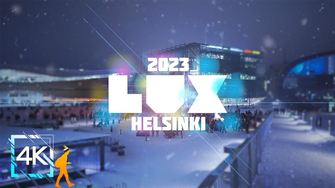 LUX Helsinki 2023 Festival, Downtown Neon Lights Night Walk, Finland 4K