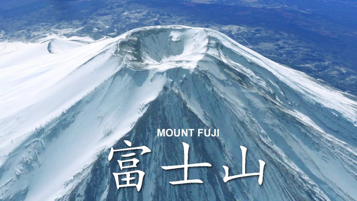 Fly over Mount Fuji 富士山. Mount Fuji summit view. Fujisan Japan. Fly over Mount Fuji 富士山. Mount Fuji summit view. Fujisan Japan.