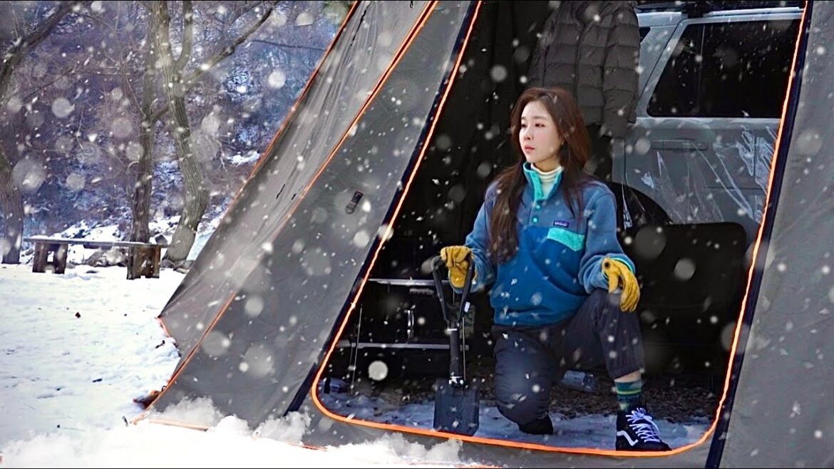 Hot Tent Camping Alone in a Remote Valley with Snowstorm and Rain
