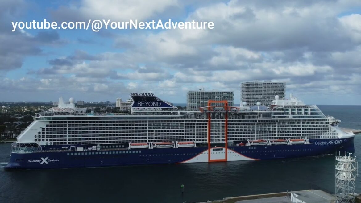 Beautiful cruise ship Celebrity Beyond  leaving Port Everglades / Fort Lauderdale (drone DJI 4K)