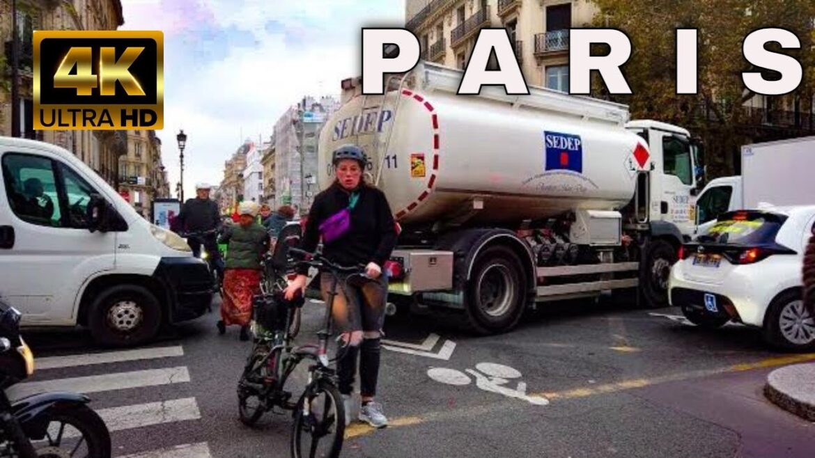 Paris France, Walking Tour - Aftenoon Rush Hour - Busy Streets of Paris - 4K60 fps