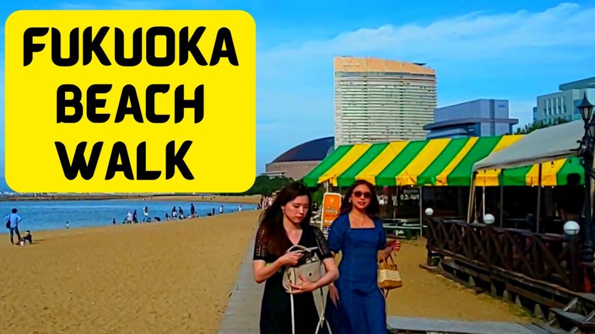 Japan beach walk. Fukuoka tower. Momochi, Fukuoka