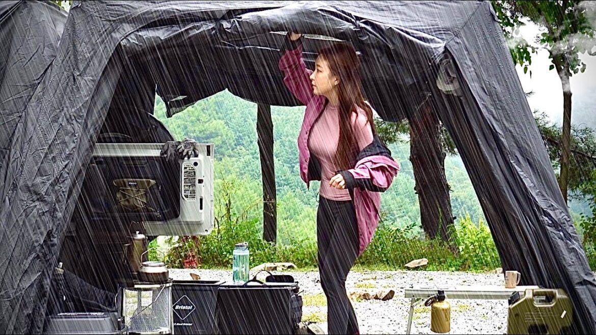 ☔ Alone in the woods Tent see the rain through Roof Window /camping in heavy rain