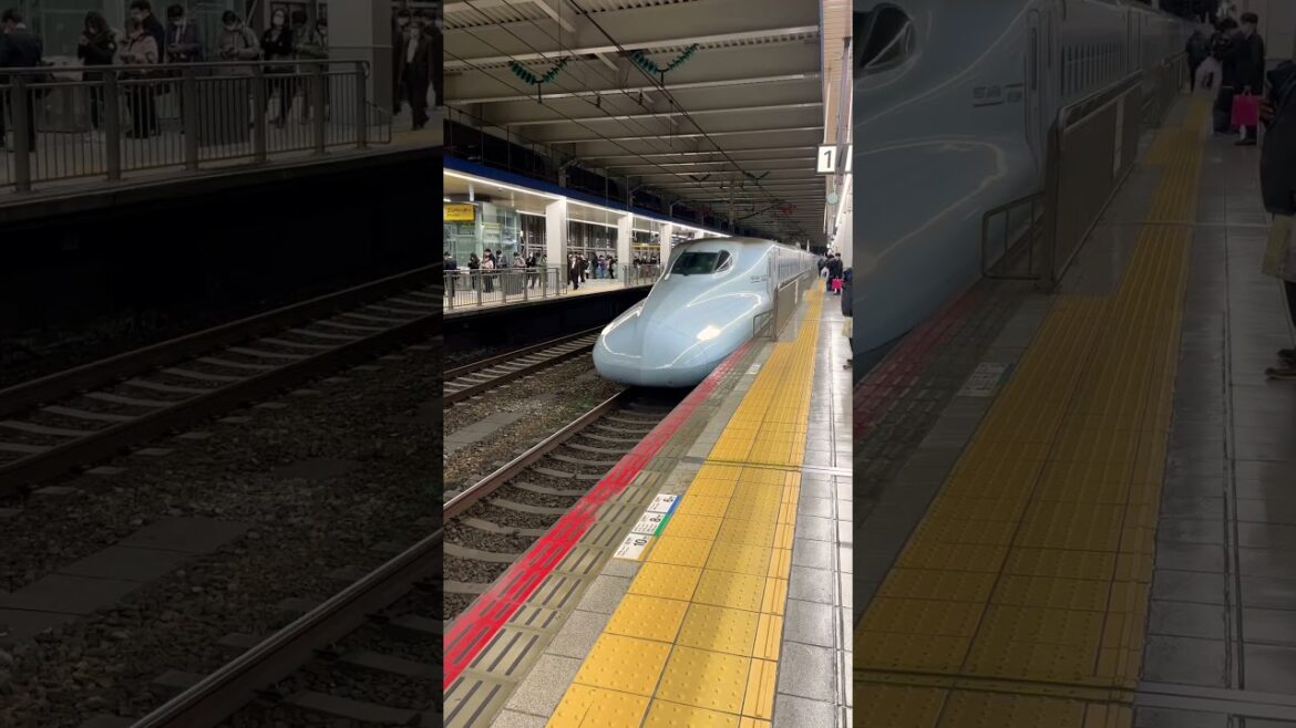 Sakura Shinkansen arriving at the Hakata train station in Fukuoka, Japan