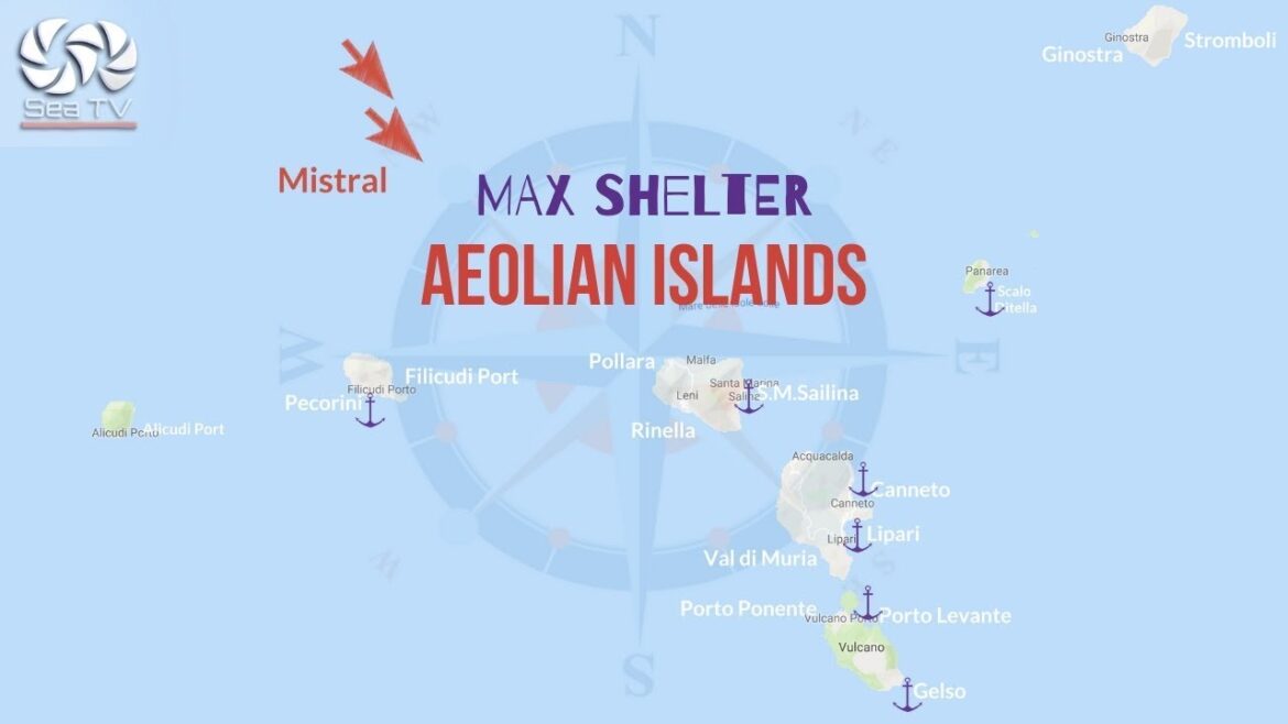 Wind direction &recommended docking marked with ⚓️for maximum shelter in the Aeolian Islands Sicily