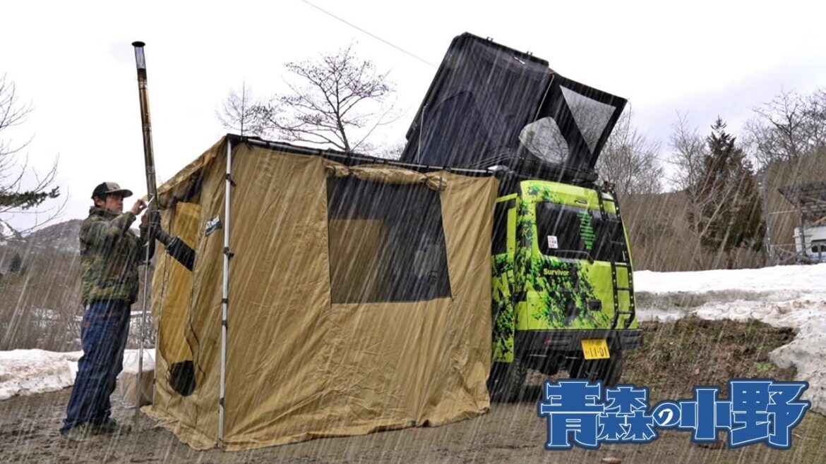 [エブリィ] 楽しい雨キャンプ。天津木村ｻﾝとノースハンター車中泊 逆折りたたみ式傘 rain smile U2 岩手県北上市 キャンプグランドベアーベル