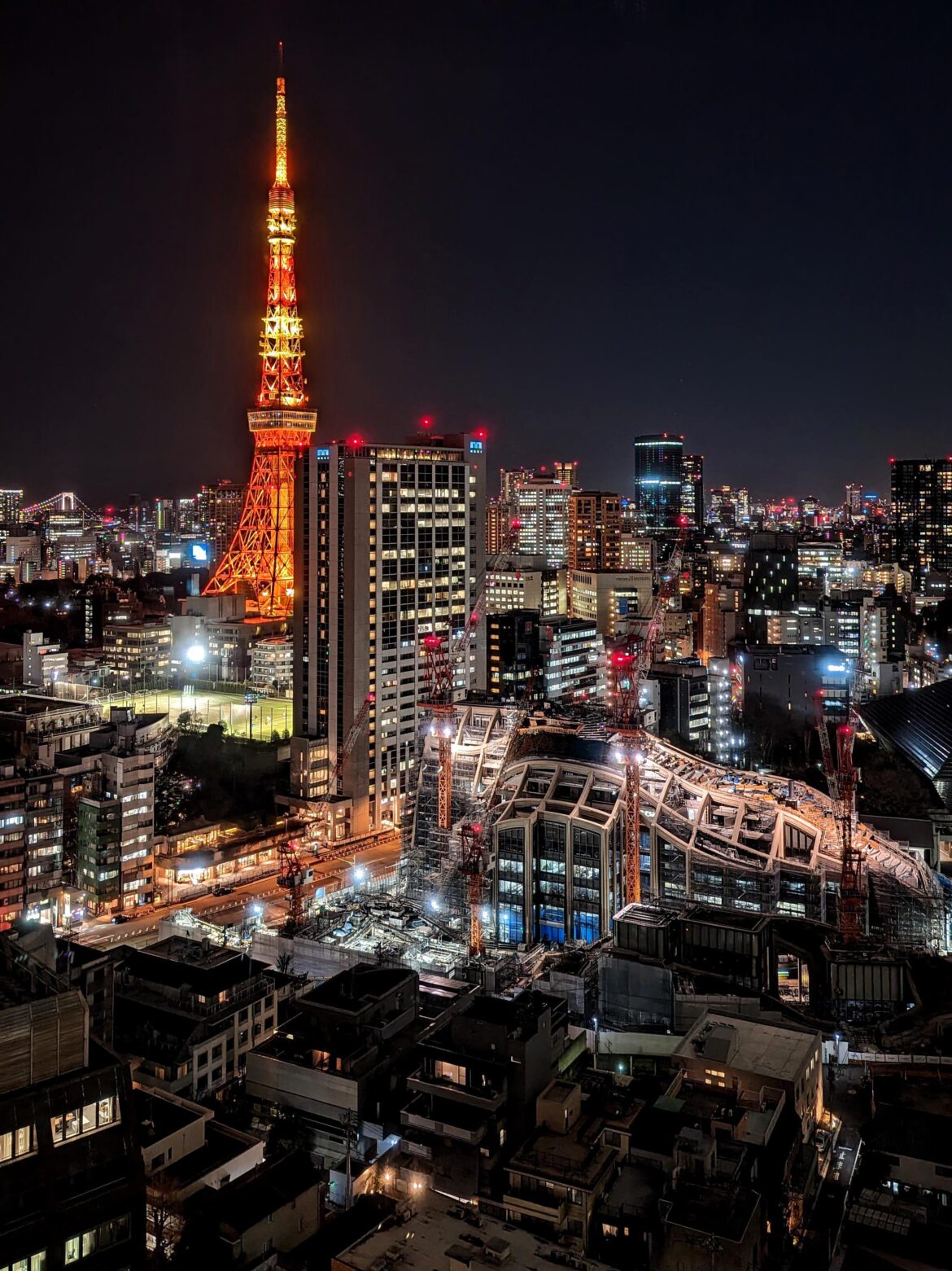 Night view of the new Azabudai hills project being built