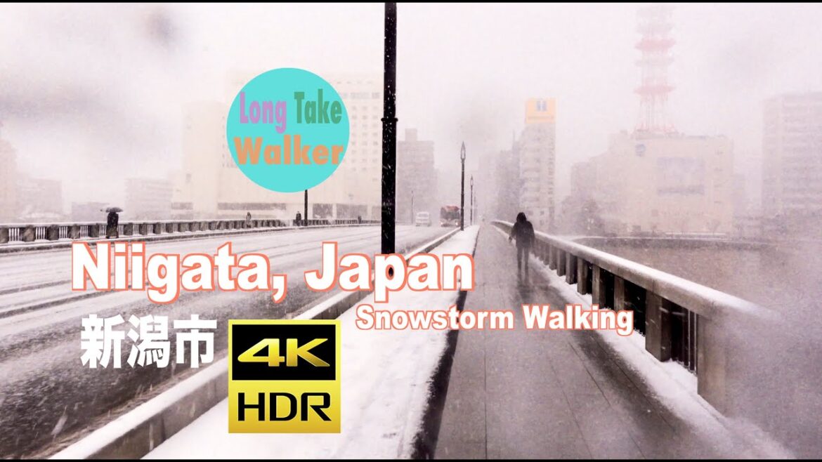 [4k] Virtual walking tour, snowstorm walking in Niigata, Japan, Hiyoriyamahama Beach日本,新潟市,日和山浜海水浴場