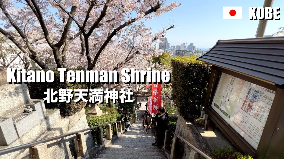 A shrine overlooking the city of Kobe, Kitano Tenman Shrine, Japan | 4K Walking