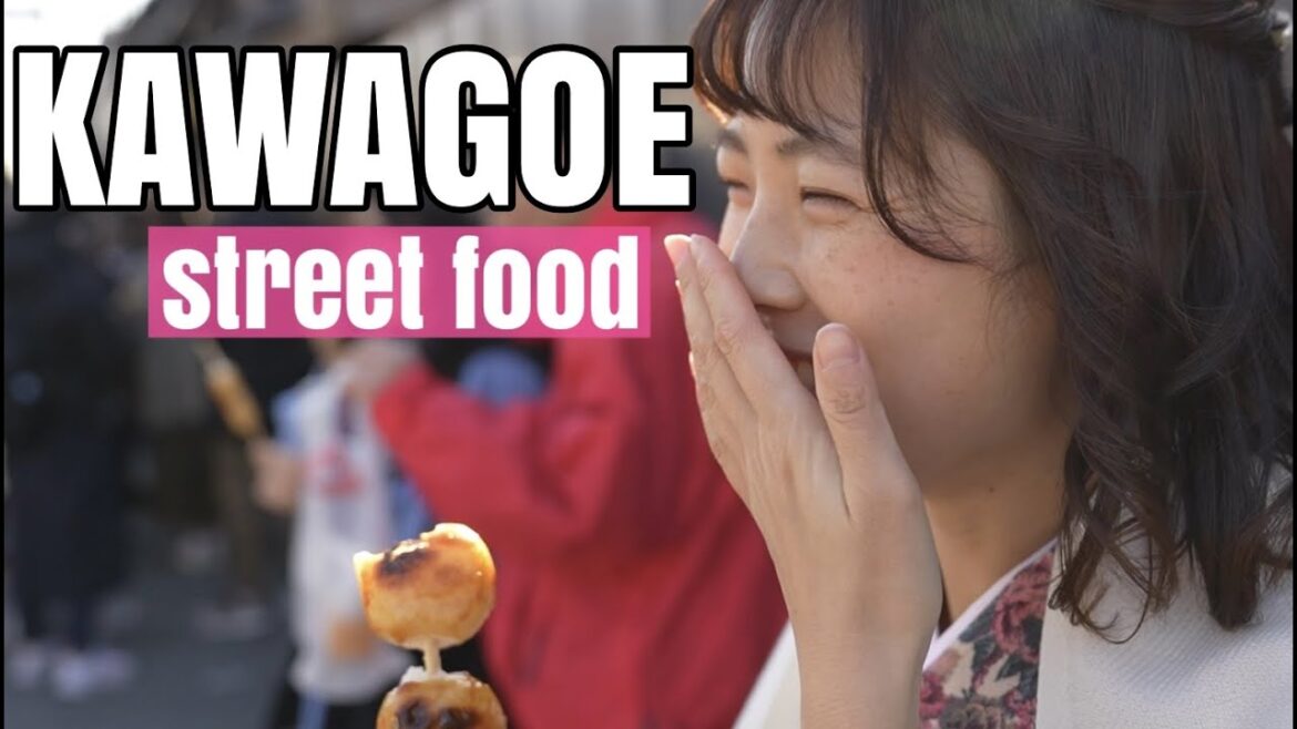 Cute Japanese girl eating street food walking in a kimono [IN KAWAGOE]