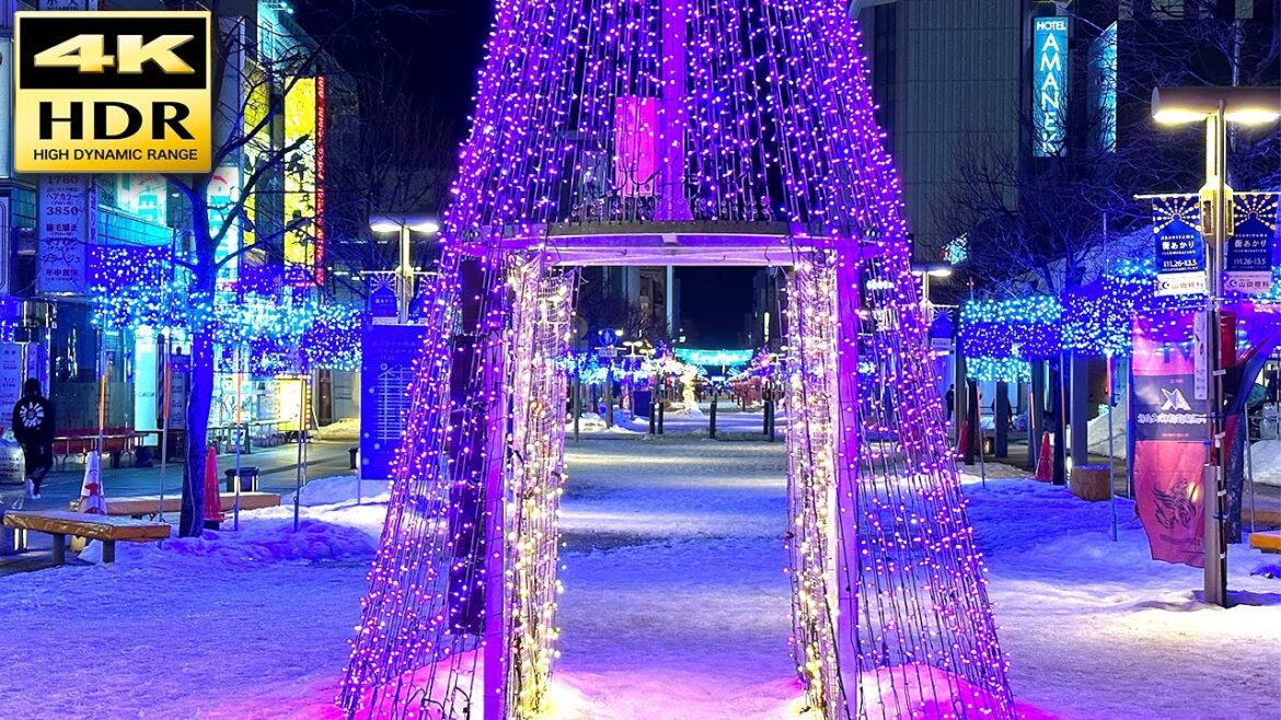 【4K HDR】あさひかわ街あかりイルミネーション　JR旭川駅から平和通買物公園の北端まで　Asahikawa Machiakari Illumination