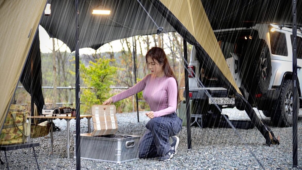 Luxury bunker tent camping ! alone under tarp connected car in heavy rain