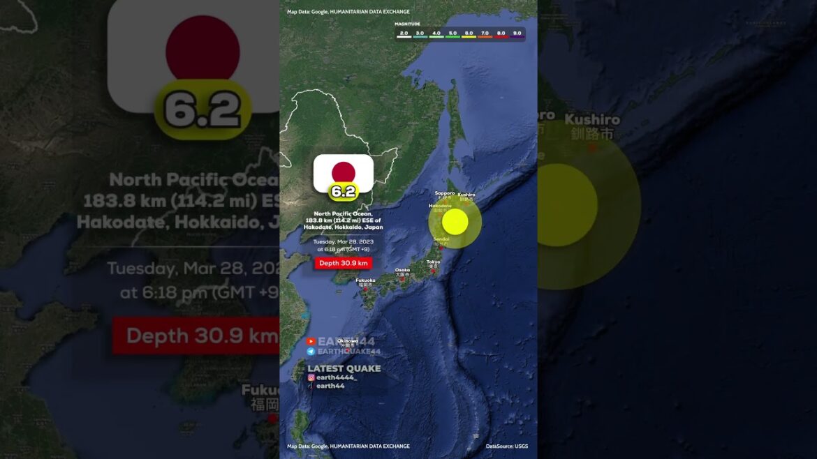 Japan, Hokkaido Earthquake - North Pacific Ocean, 183.86 km (114.25 mi) east southeast of Hakodate