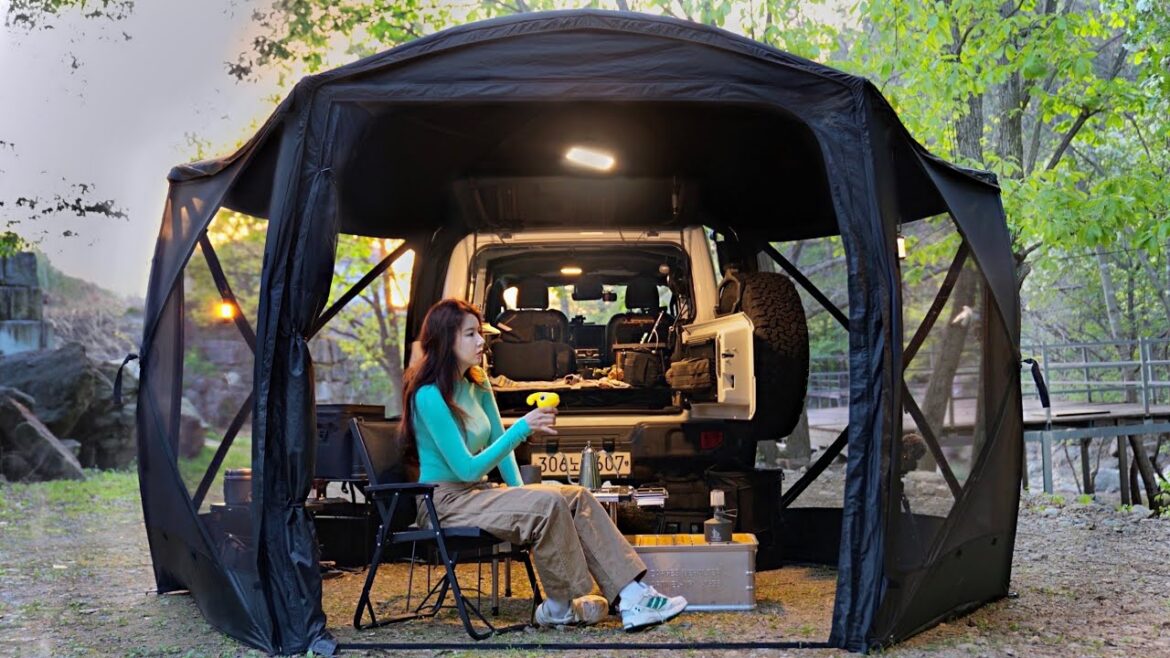 Relaxing in nature Perfect solo camping in a cozy black shelter tent / nature ASMR