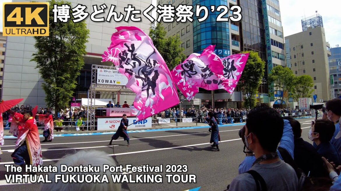 博多どんたくストリート博多駅前通り2023 4k virtual tour Fukuoka Hakata Dontaku port festival
