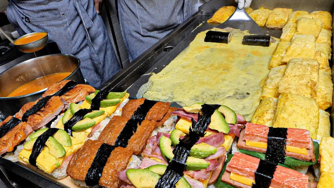 하루 계란만 3000개 사용하는 김밥집? 압도적인 토핑의 오믈렛 계란말이 김밥, 사각 주먹밥 / Giant Egg Rolled Gimbap / Korean Street Food