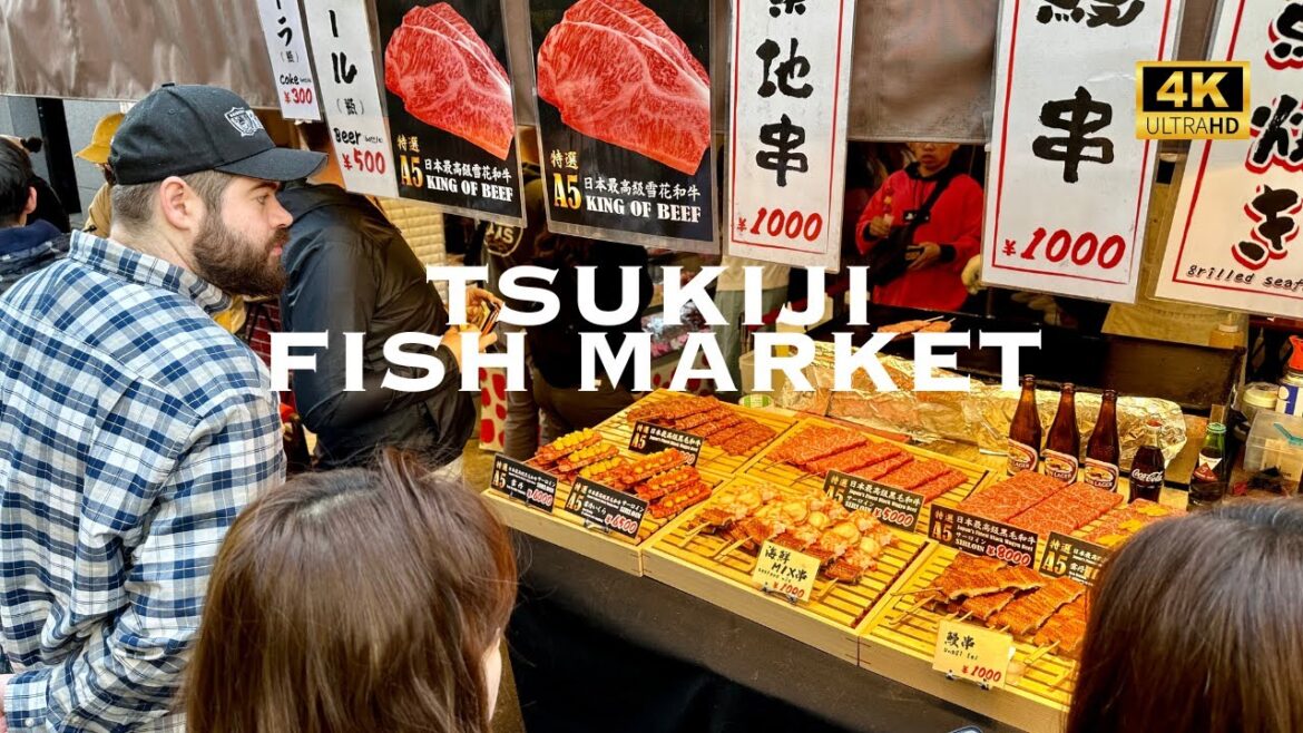 [4K] Tsukiji Fish Market in Tokyo 💛 Street Food Walking Tour / 築地場外市場 食べ歩き 散歩