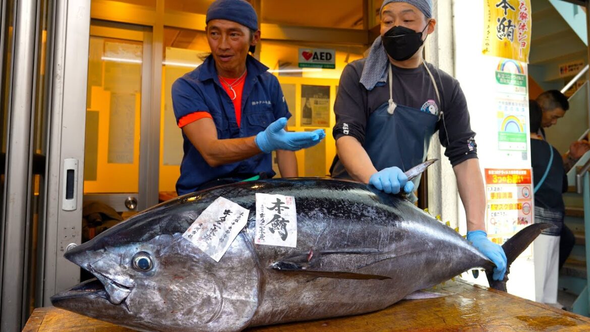 Giant Bluefin Tuna Cutting | A long knife like a sword | Street food in Tokyo, Japan Giant Bluefin Tuna Cutting | A long knife like a sword | Street food in Tokyo, Japan