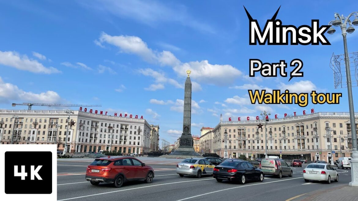 Walking Minsk Streets, Belarus, Part 2 - 4K tour with City Sounds, April 6