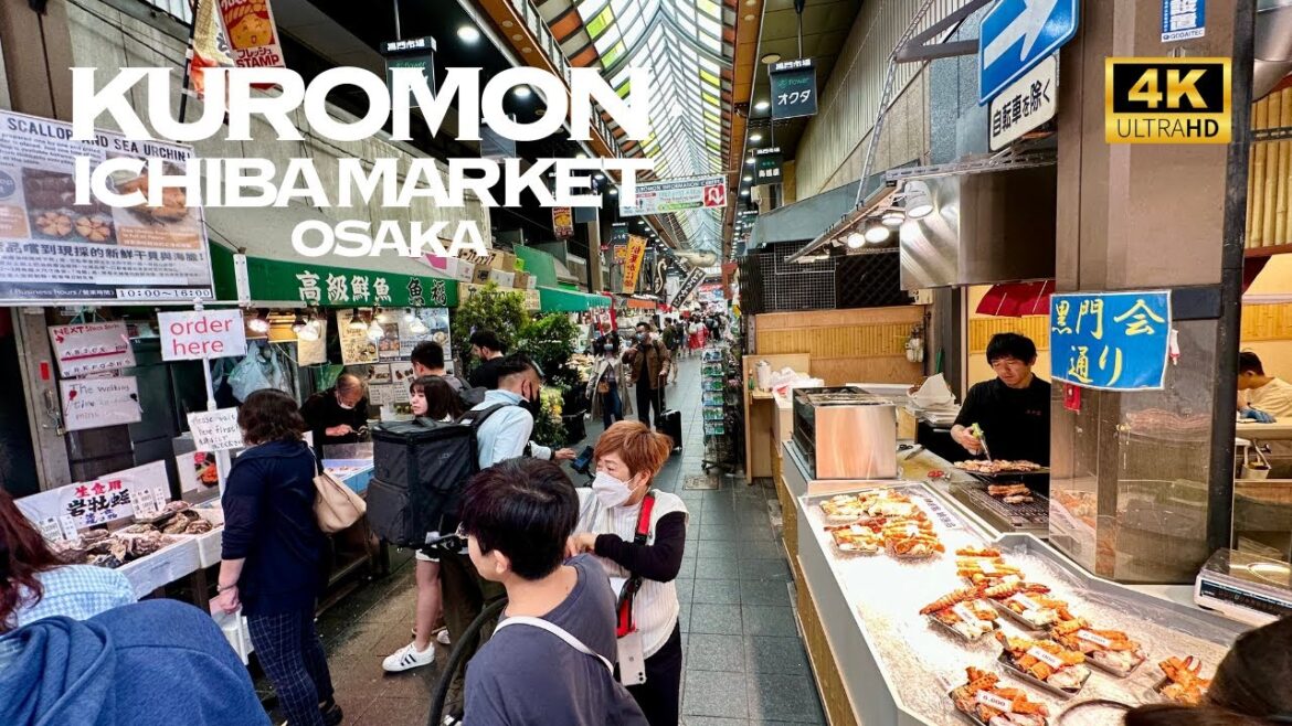 [4K] Kuromon Ichiba Market in OSAKA 🐧 Street food Walking Tour / 黒門市場  日本橋 大阪 散歩