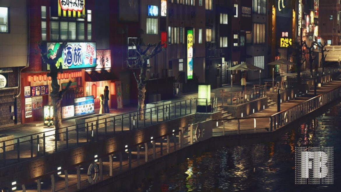 [Virtual Tourism] Yakuza Kiwami 2 - Osaka, riverside (walking in 1st-person view, night time)