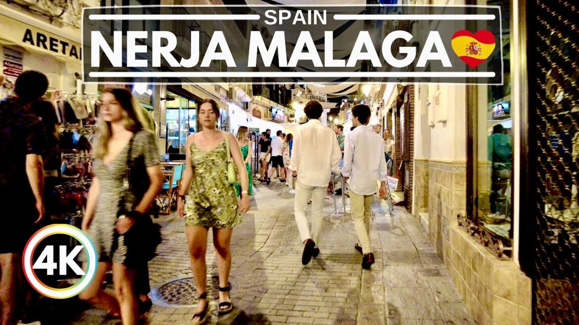 Beautiful Nerja in Spain Andalucia, Nightlife in June at Costa del Sol (Málaga) - 4K Walking Tour
