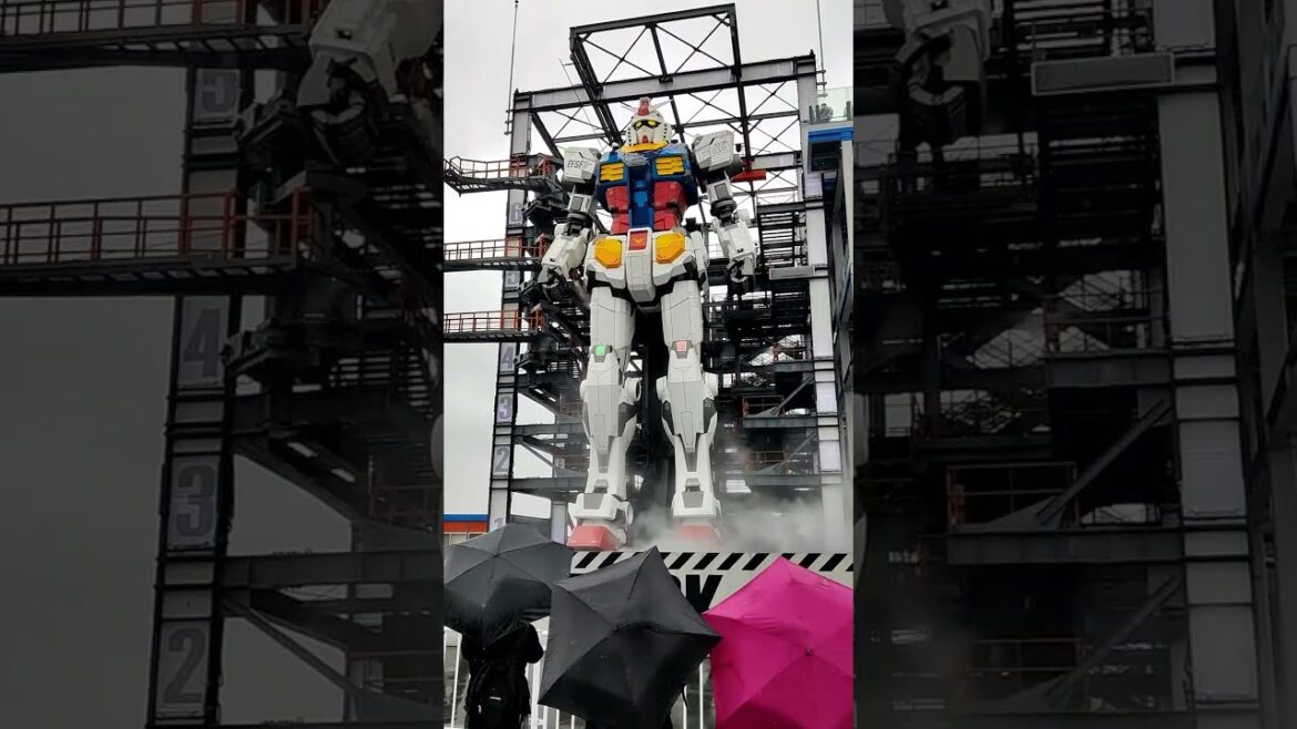 Gundam Warrior awakes at Gundam Dock Yokohama Japan Gundam Warrior RX-78F00 anime effects version