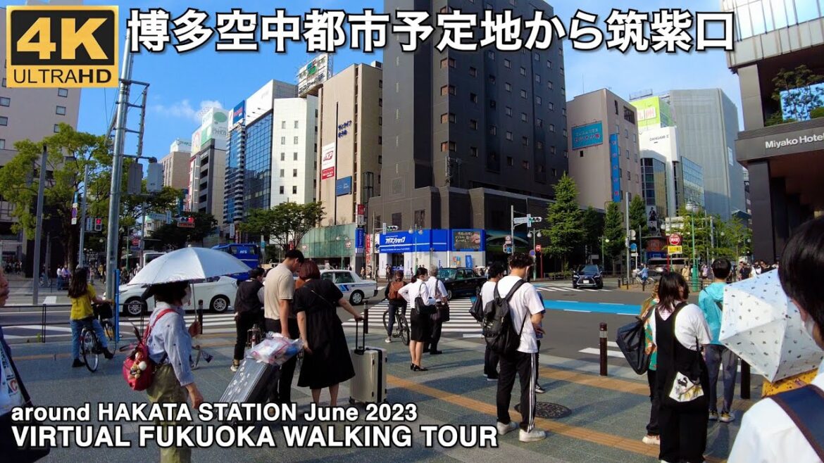 博多駅空中都市予定地から博多駅筑紫口周辺を歩く4k60 virtual Fukuoka walking tour around Hakata station