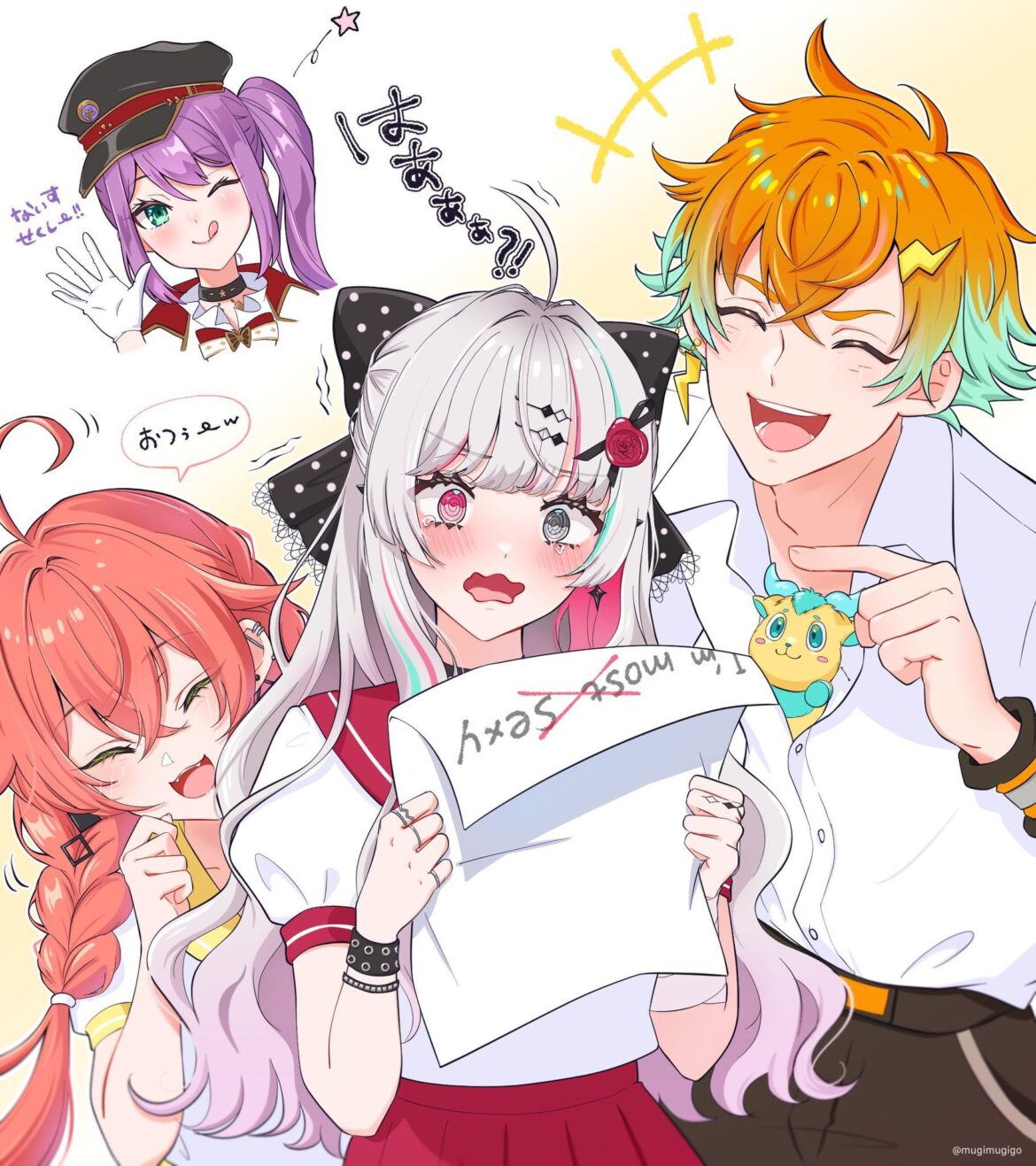 Rito and Akari poking fun of Nozomi for poor English grammar (by @mugimugigo)