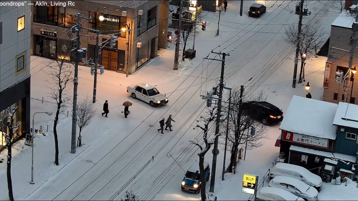 Snowy road intersection at twilight in Sapporo, Hokkaido, Japan | December 15, 2022