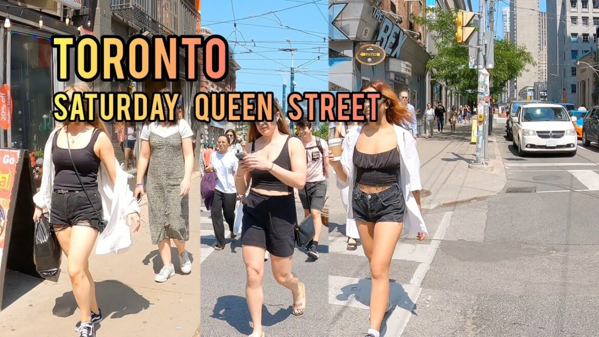 Toronto Saturday Queen Street Downtown walking Tour Canada 4K