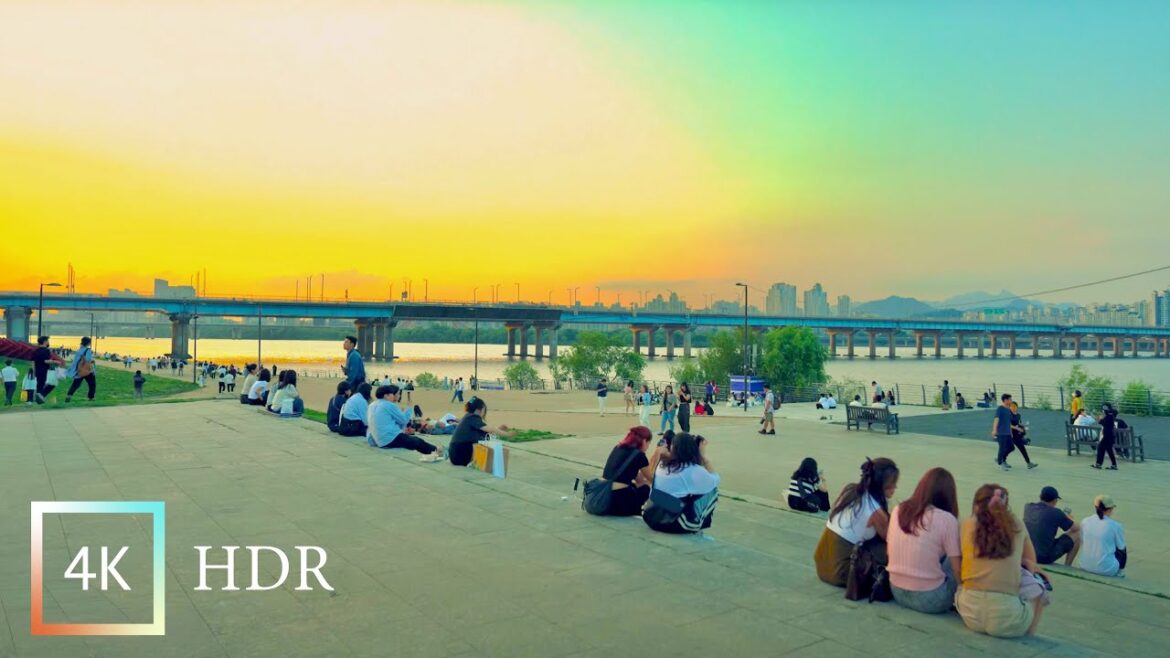 Sunset Flows Along The Water Of The Seoul Hangang Park | Walking Tour 4K HDR