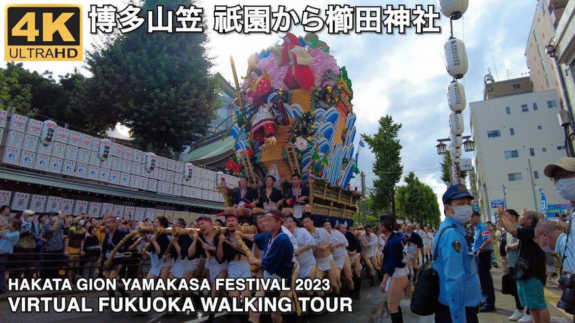 博多山笠祇園から櫛田神社へ歩く4k virtual Fukuoka walking tour Hakata Yamakasa Festival 2023