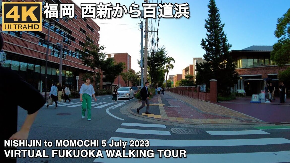 福岡西新から百道浜へ歩く 4k virtual Fukuoka walking tour from Nishijin to seaside Momochi beach park