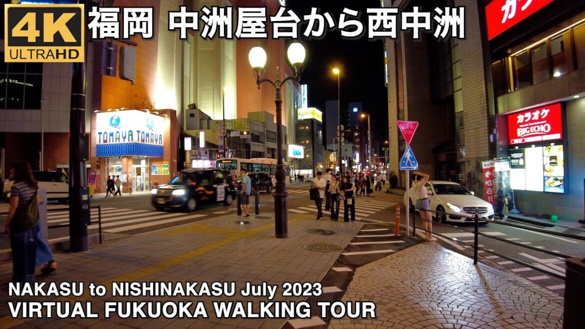 福岡中洲屋台から西中洲へ歩く4k virtual Fukuoka walking tour from Nakasu food stalls to Nakasu west area