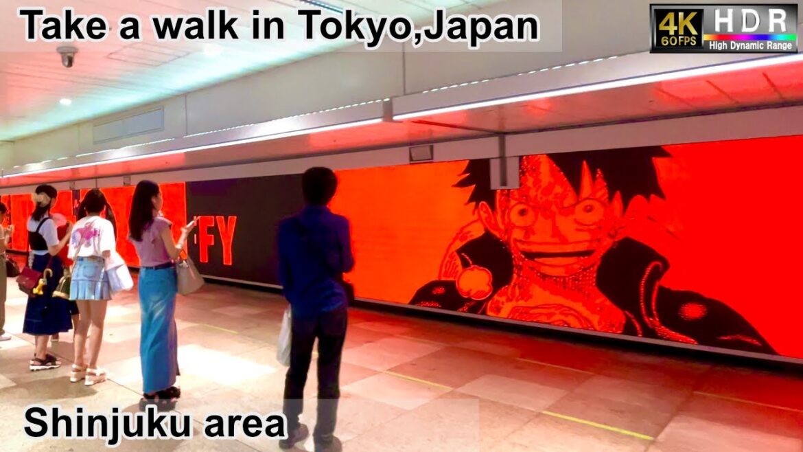 4K 60fps HDR// Take a walk in Tokyo, Japan, Shinjuku East Area→BIG LED Signage One Piece→Underpass