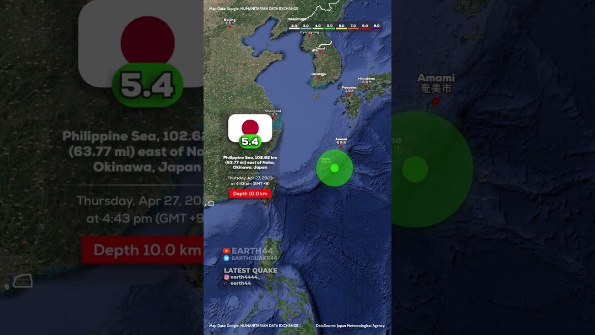 Japan, Okinawa Earthquake - Philippine Sea, 102.62 km (63.77 mi) east of Naha, Okinawa