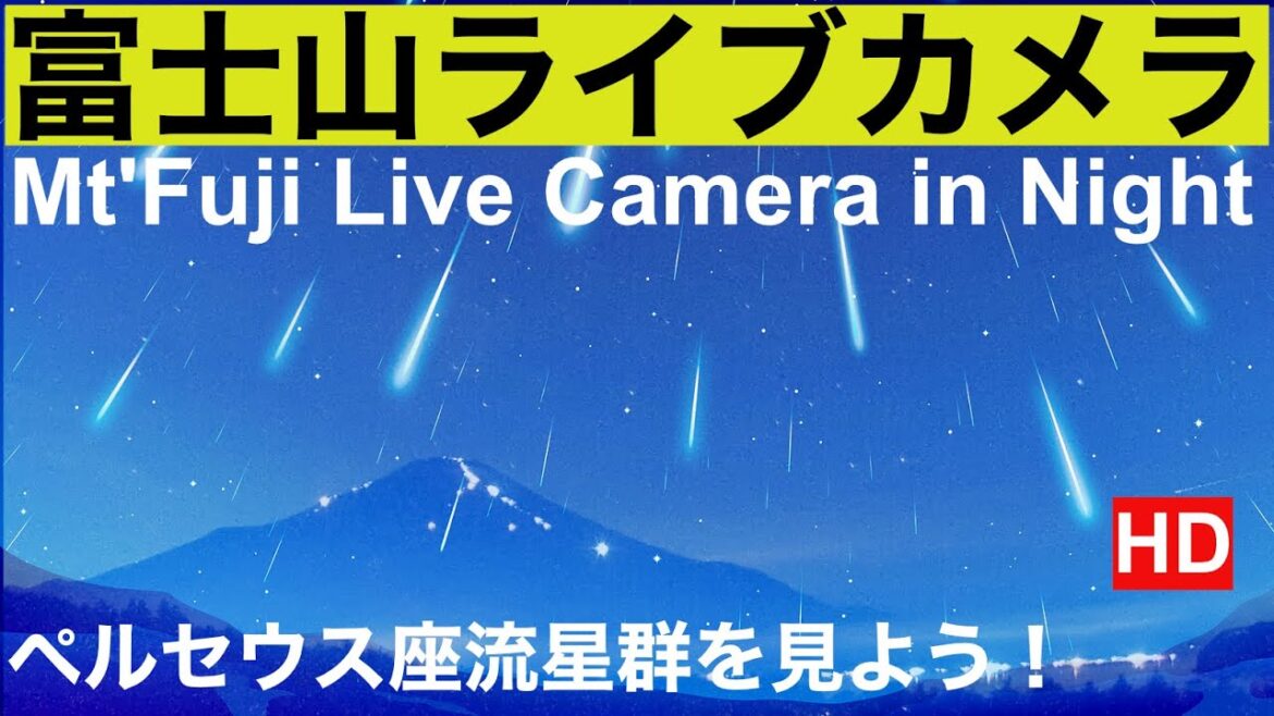 ペルセウス座流星群、登山者の灯り、富士山ライブ夜の部、北斎画の富士山”Mt. Fuji” live camera. World heritage Fuji in the Night 、 ペルセウス座流星群、登山者の灯り、富士山ライブ夜の部、北斎画の富士山"Mt. Fuji" live camera. World heritage Fuji in the Night 、