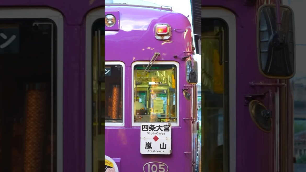 란덴 아라시야마 역에서 볼 수 있는 보라색 노면 열차