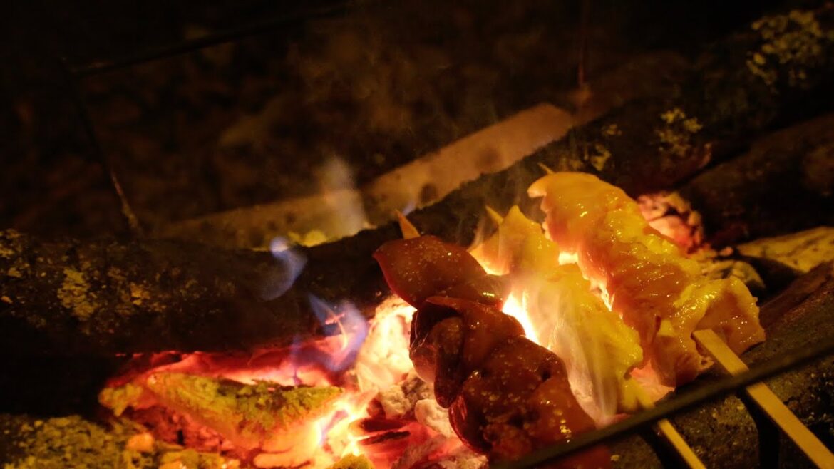 ソロキャンプ居酒屋。串打って薪と薪の間の熾火で焼く焼き鳥と、蒲鉾のカルパッチョ