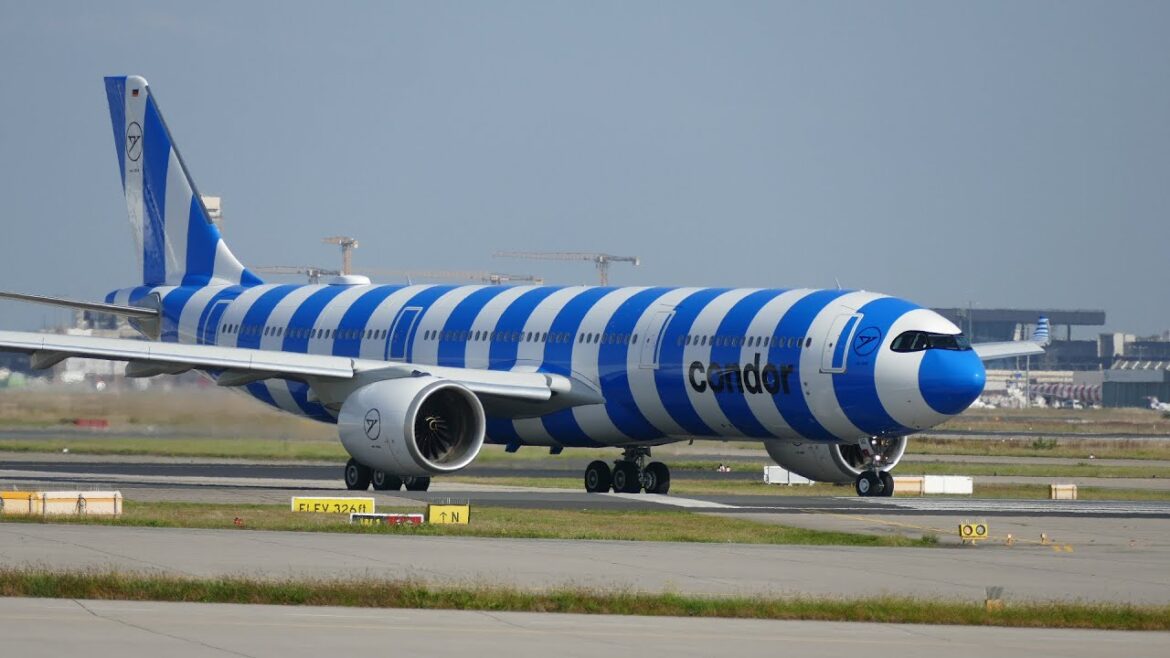 Condor A330NEO blaue Ringelsocke D-ANRB take off runway 18 to MRU